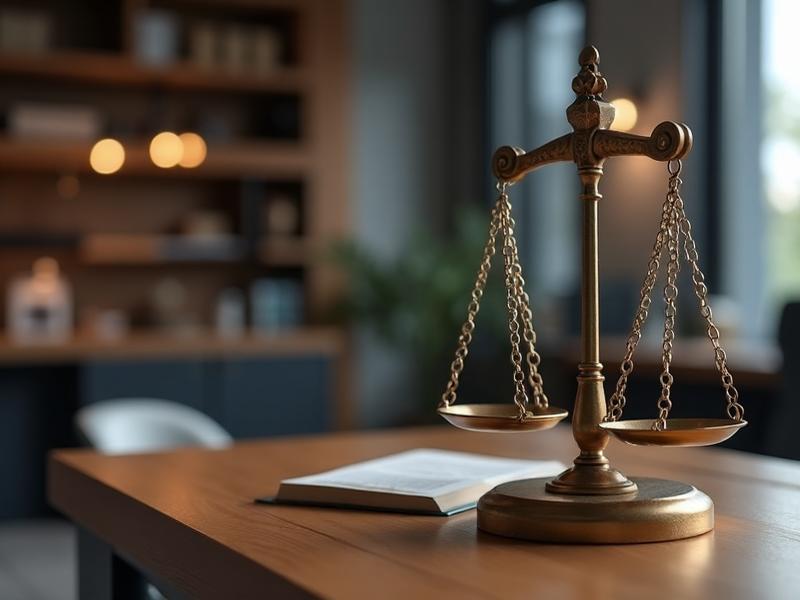 Modern professional law office with scales of justice